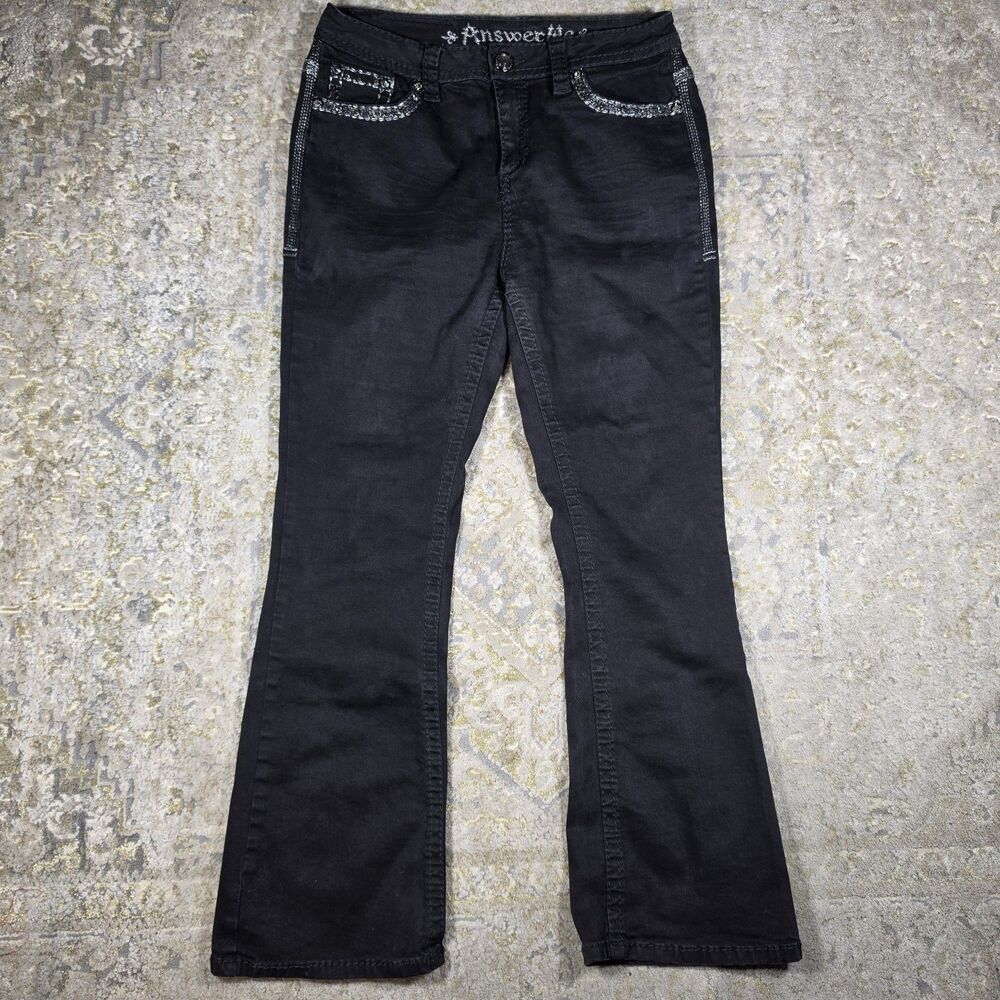 Answer Me Black Bootcut Jeans Rhinestone Fleur De Lis Wings Y2K Size 13 31